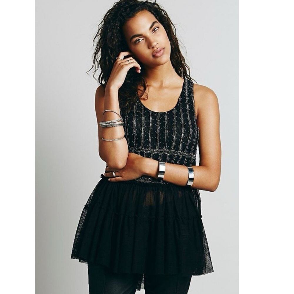 Free People Raindrop Embellished tunic Black beaded Mesh retro Top Sz Small Boho